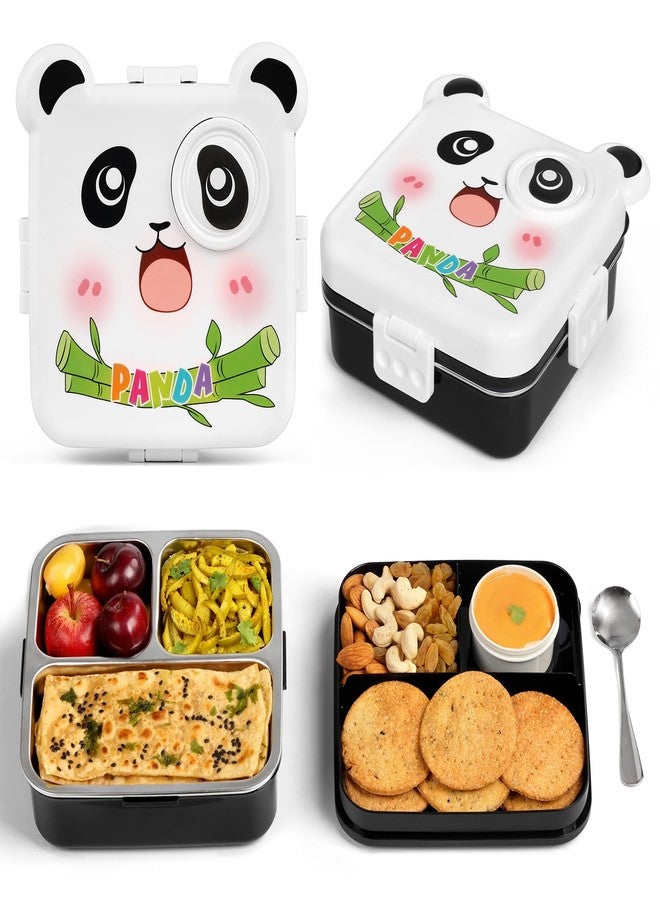 Primalite Kids Panda Theme Stainless Steel Bento Lunch Box for School, 3-Compartment, Sauce Jar & a Spoon, Leak-Proof with Seal Ring Design & Multiple Lock-Design Tiffin, Air-Tight- 1100ML- White - Image 1